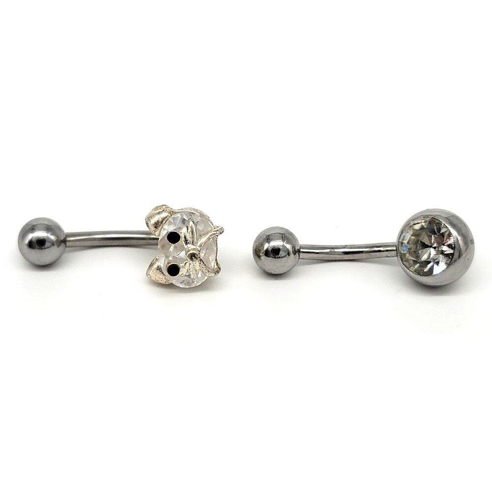 Cat Belly Button Ring Set 2 Stainless Steel Clear CZ Rhinestone Navel Bars